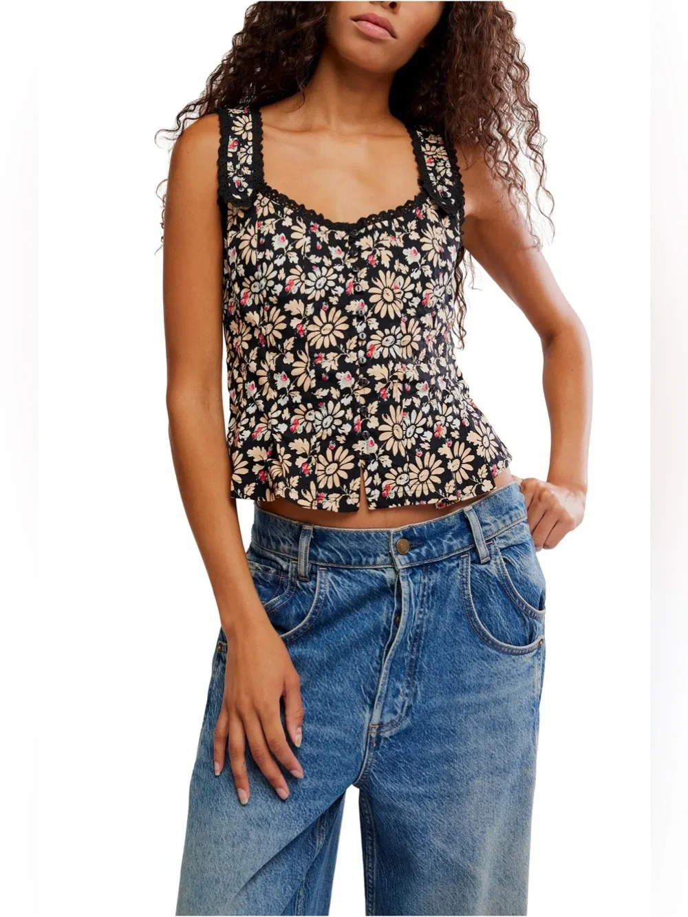 Free People Bridgette Corset Peplum Tank Top XS Black Floral Boho Retro Hippie